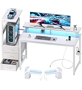 DUMOS L Shaped Gaming Desk with Shelves Storage Drawers 52'', White Computer Desks with LED Light...