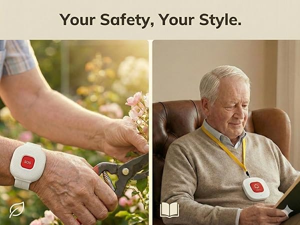 SOS panic button for seniors with wearable wristband and neck lanyard.