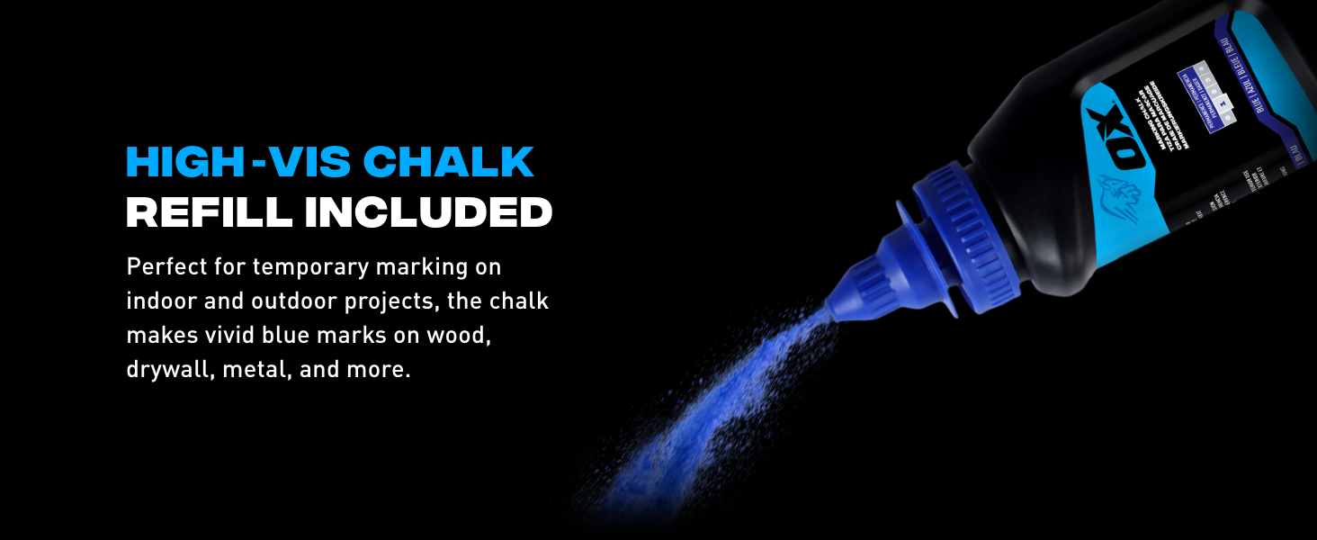 Includes high-vis blue chalk refill for temporary marking on drywall, metal, and more.