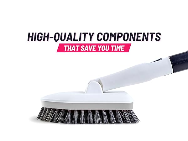 A young woman in the decision-making for choosing the best bathroom scrub brush