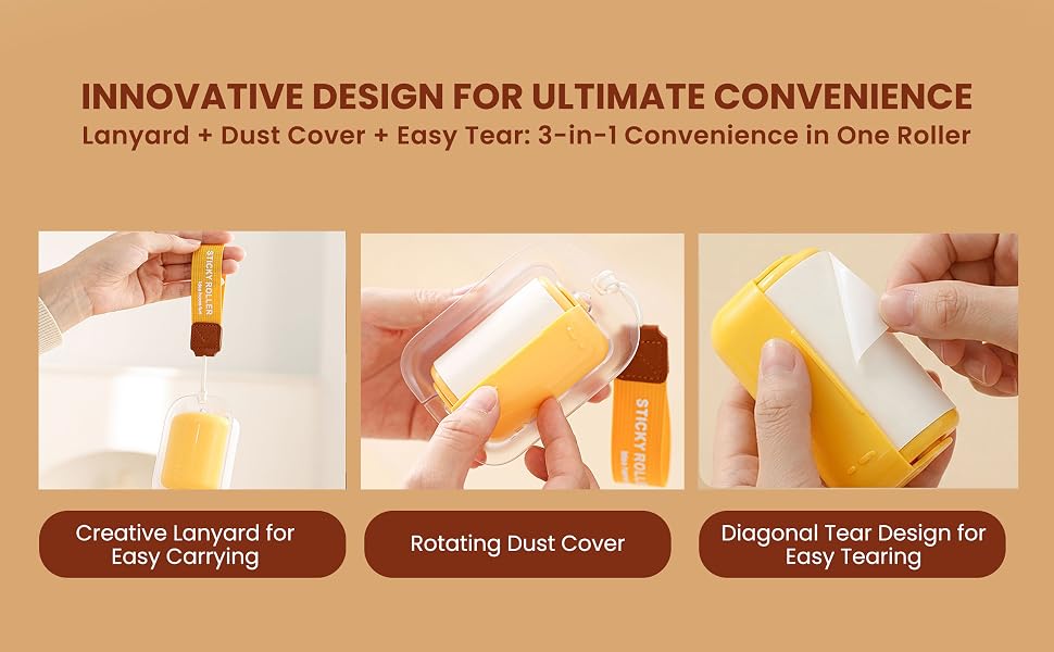 Portable sticky lint roller with easy carry lanyard, rotating dust cover and diagonal tear sheets.