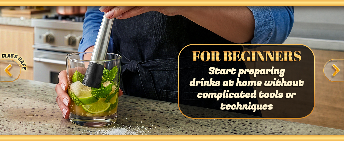 mojito muddler used in glass with lime and ice showing easy use for home cocktail mixing