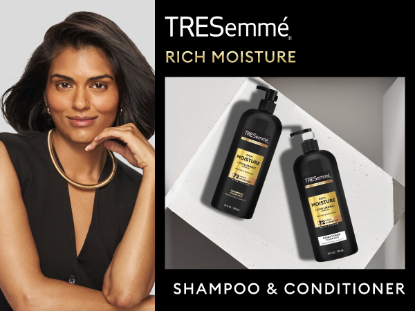 Woman with beautiful healthy-looking hair next to an image of product's bottles.