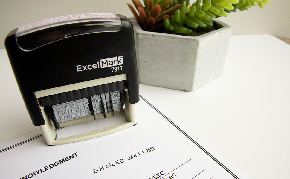 ExcelMark 7817 - 12 Phrase Self-Inking Date Stamp - 2" x 1/4" Impression - Black Ink