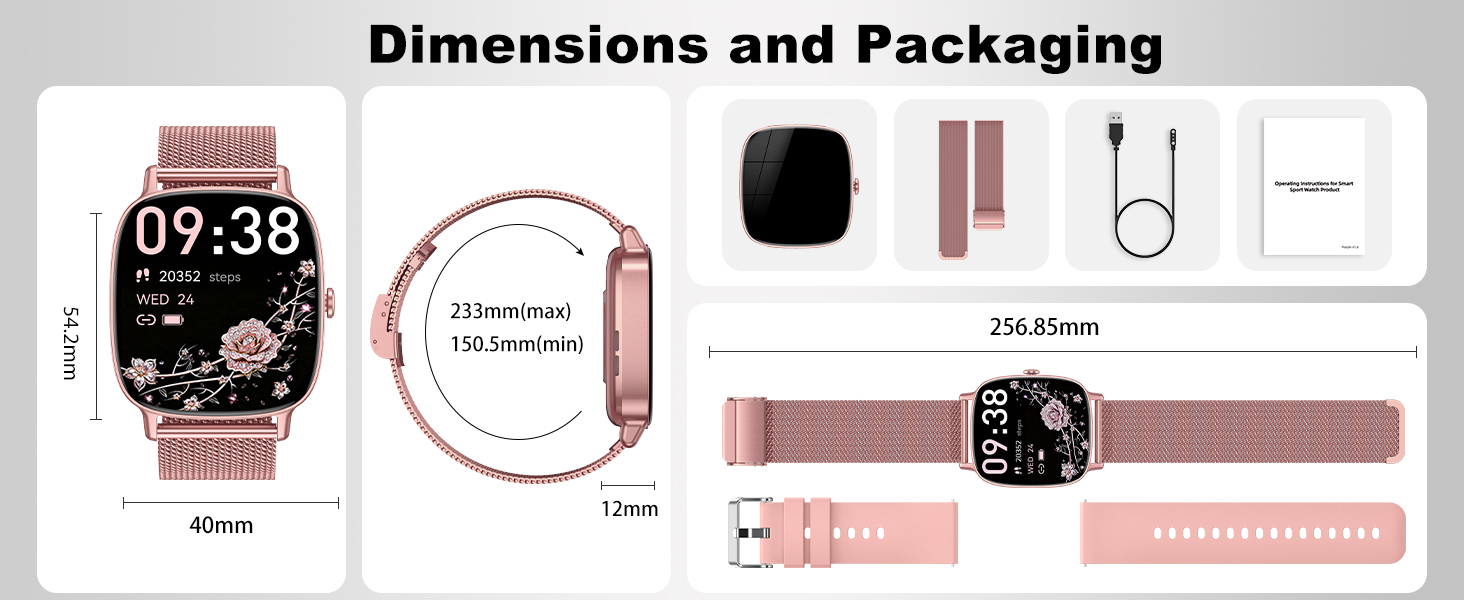 Text reads 'Dimensions and Packaging'. Product layout showing smartwatch in rose gold color with band and accessories, including dimensional specifications at 09:38 time display.
