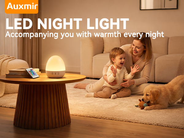 Auxmir egg shaped LED kids night light, soft warm bedside lamp for nursery and family daily use
