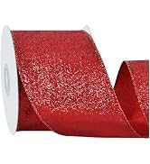 RIBBOOO Red Glitter Ribbon, 2.5 Inch 10 Yards Sparkly Wired Edge Fabric Ribbon for Craft, Wreath ...