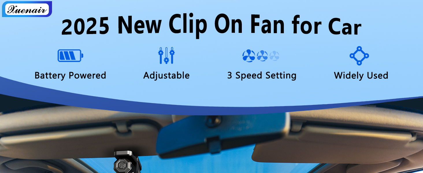 xuenair Battery Powered Clip On Fan for Car Visor Back Seat Roof Handles