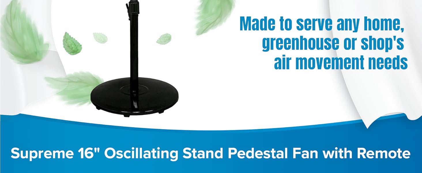 Hurricane Supreme 16" 3 Speed Oscillating Stand Pedestal Fan with Remote, Black