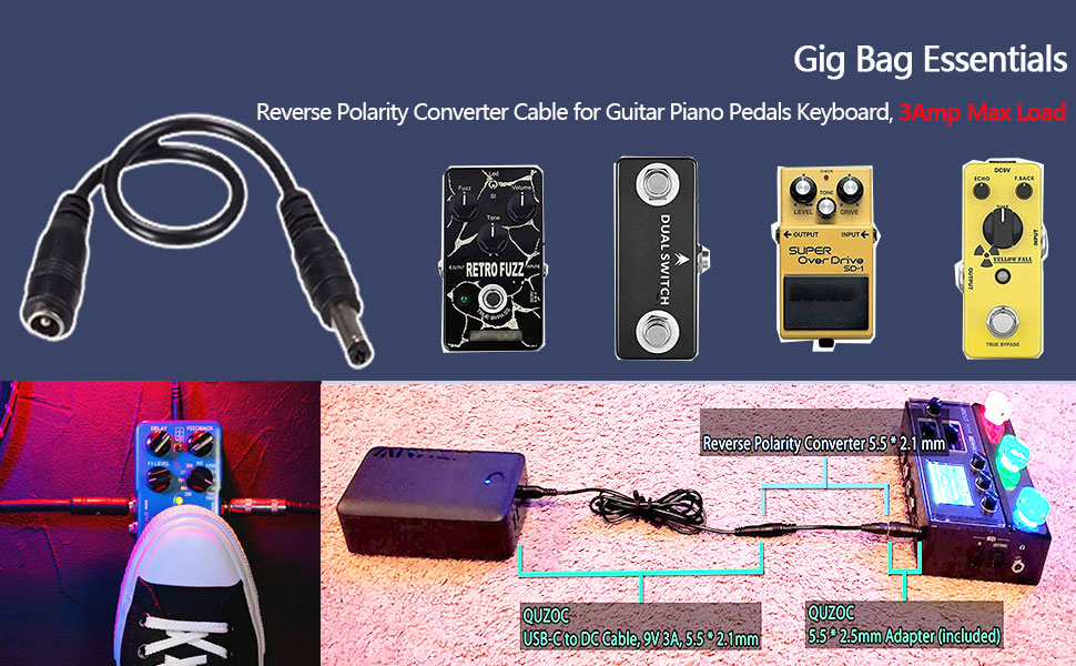 Reverse Polarity Cinverter Cable for Guitar Piano Pedals Keyboard,3Amp Max Load