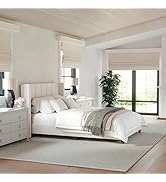 Martha Stewart Kay Low Profile Platform Bed with Wingback Headboard, Channel Stitched Faux Linen ...