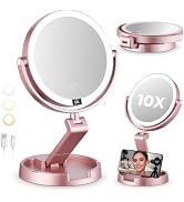 Lighted Travel Makeup Mirror,1X/10X Magnification,3 Light Modes, Rose Gold | Double Sided Magnifi...