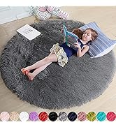 Grey Round Rugs 4Ft for Living Room Bedroom, Fluffy Fuzzy Shag Shaggy Circle Area Rug for Kids Ro...