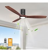 OPONL Natual Solid Wood Ceiling Fan with Light 52 Inch, Low Profile, Remote Control, Noiseless, R...