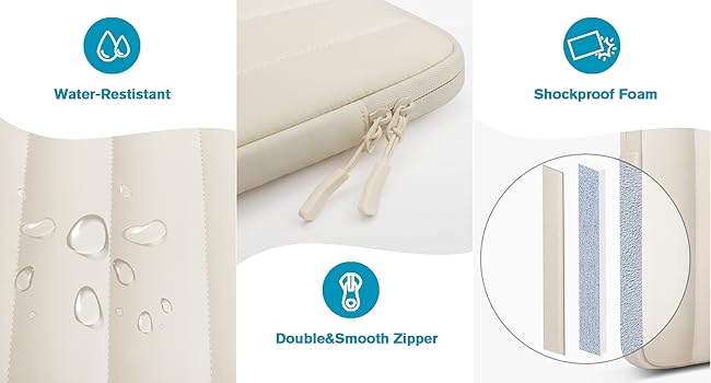 Cream-colored protective case featuring water-resistant surface, shockproof foam padding, and double smooth zipper closure system.