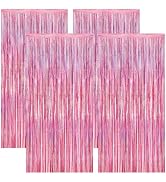 4 Pack Pink Backdrop, 3.28 FT x7.05 FT Foil Fringe Curtains, Metallic Glitter Pink Streamer Fring...