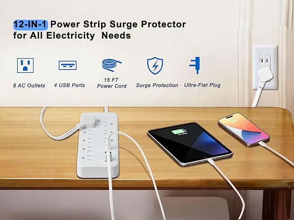 Long Cord Surge Protector Power Strip 12 15 FT feet foot Extension Cord indoor