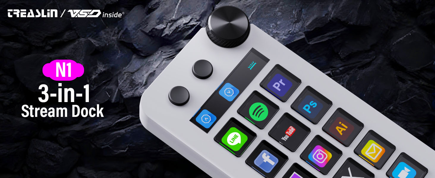 Text reads '3-in-1 Stream Deck'. Close-up of illuminated device with multiple RGB backlit buttons arranged in grid pattern.