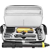 Open carrying case containing various camera accessories including batteries, a gimbal, and other equipment. A yellow-tipped rod is attached to the exterior of the case.