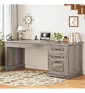 SEDETA Executive Desk with 3 Drawers, Farmhouse 55" Computer Desk with Drawers &amp; Power Outlet, Grey