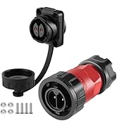 Weatherproof electrical connector set featuring a red and black cylindrical plug with matching socket. Includes cap, mounting screws, and nuts for installation.