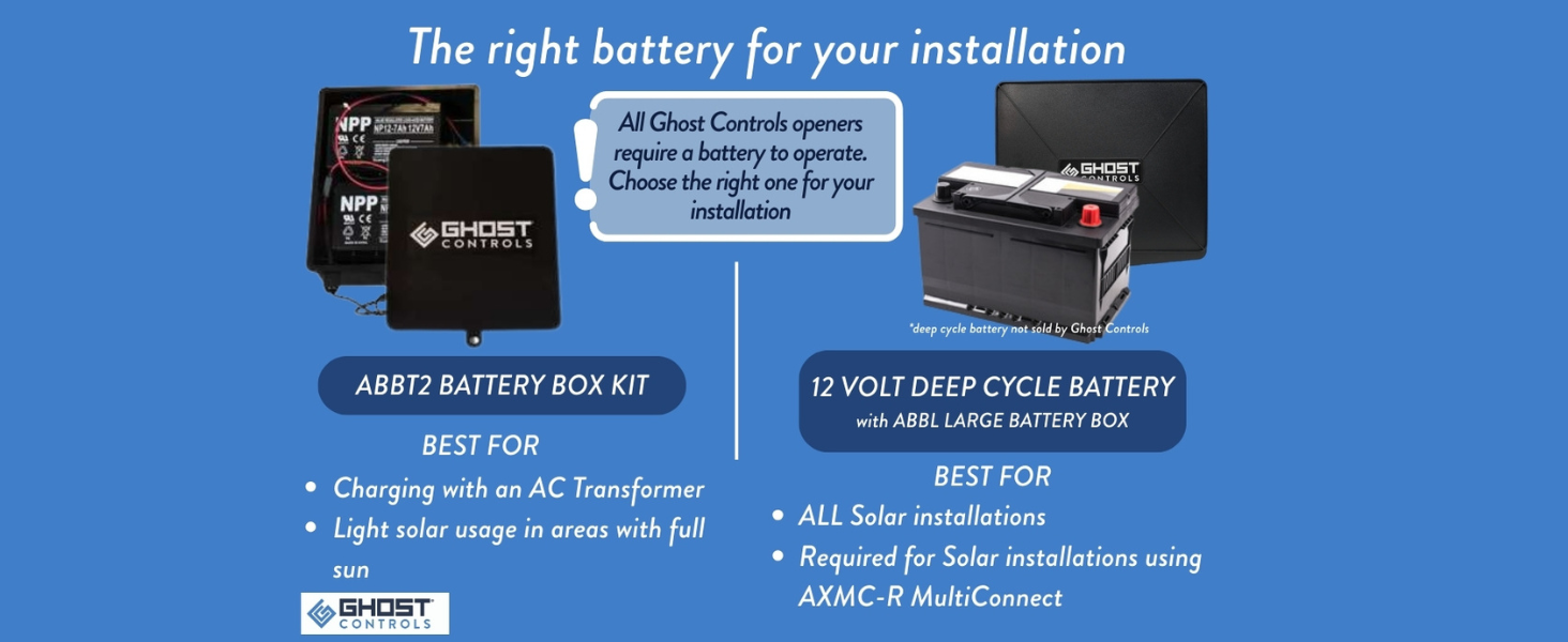 The right battery for your installation, all ghost controls openers require a battery to operate.