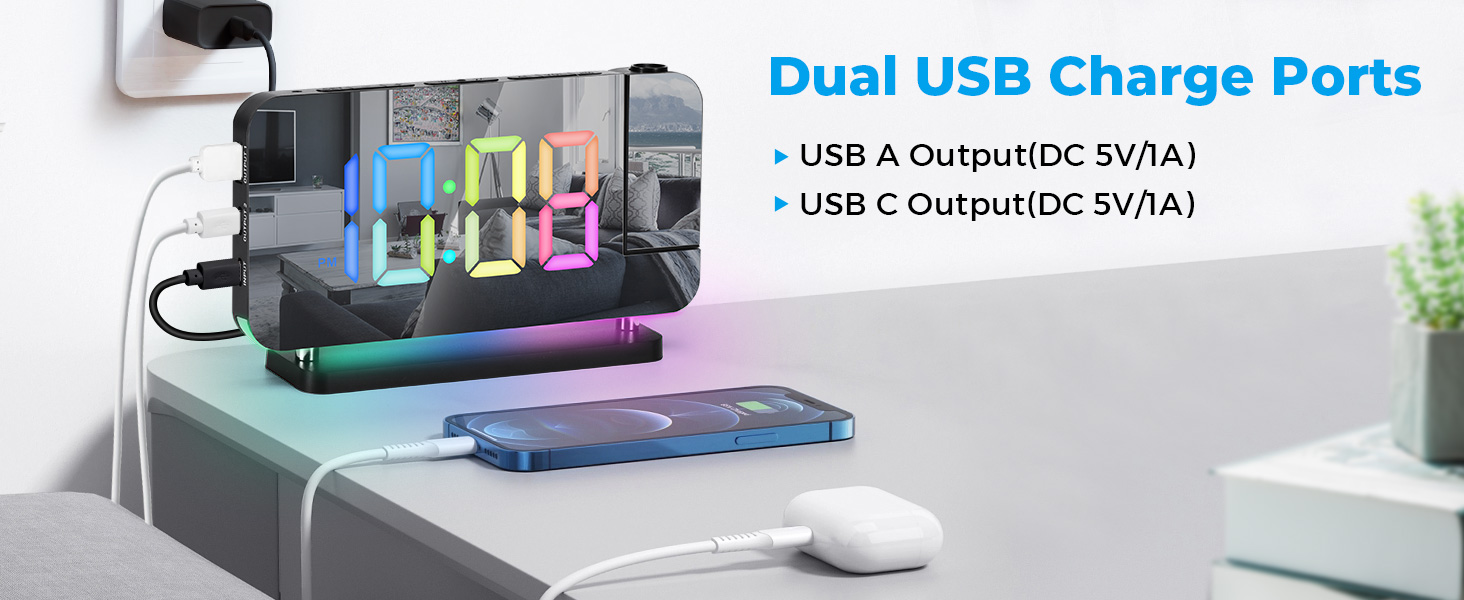 projection led mirror digital alarm clock with rgb night light