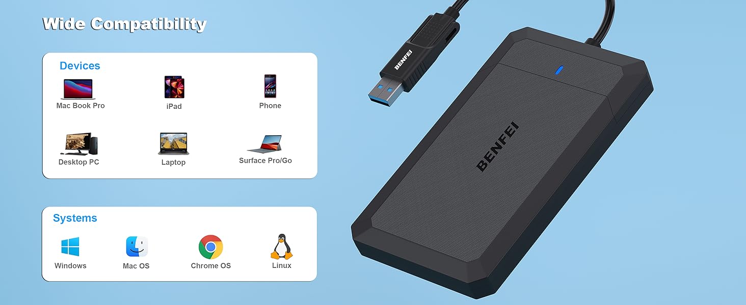 Portable external hard drive with compatibility icons for various devices and operating systems shown.