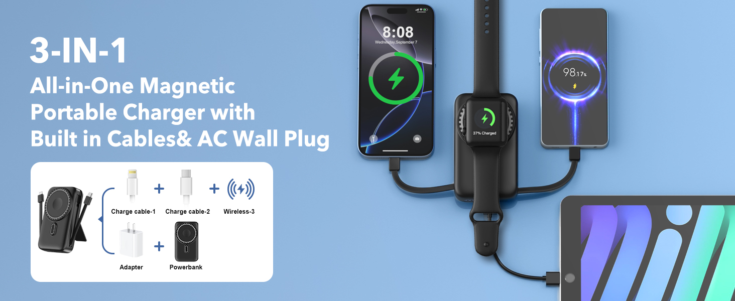 All-in-One Magnetic Portable Charger with Built in Cables&amp;amp; AC Wall Plug