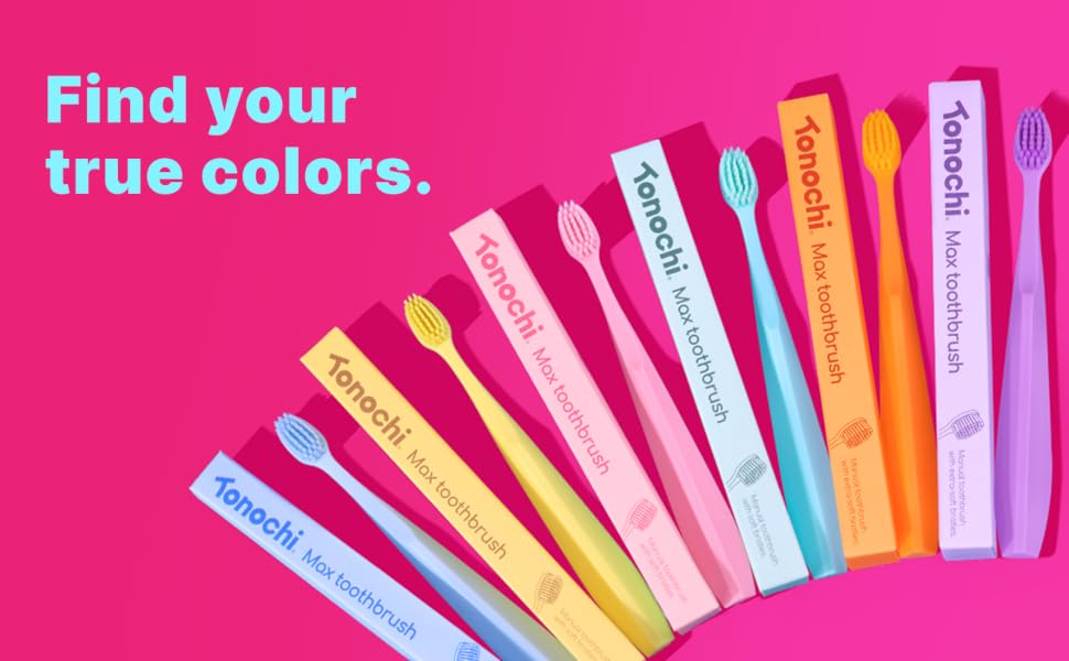 Tonochi Max toothbrush collection featuring six colorful soft bristle toothbrush designs.