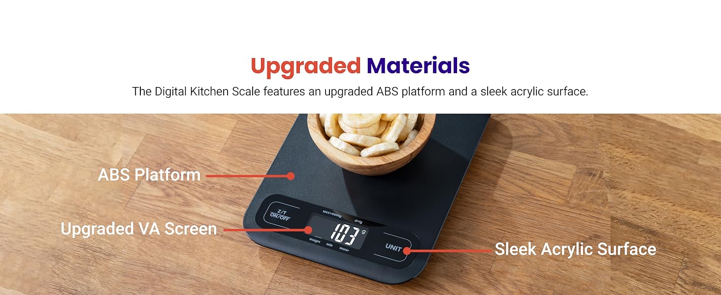 The Digital Kitchen Scale features an upgraded ABS platform and a sleek acrylic surface.