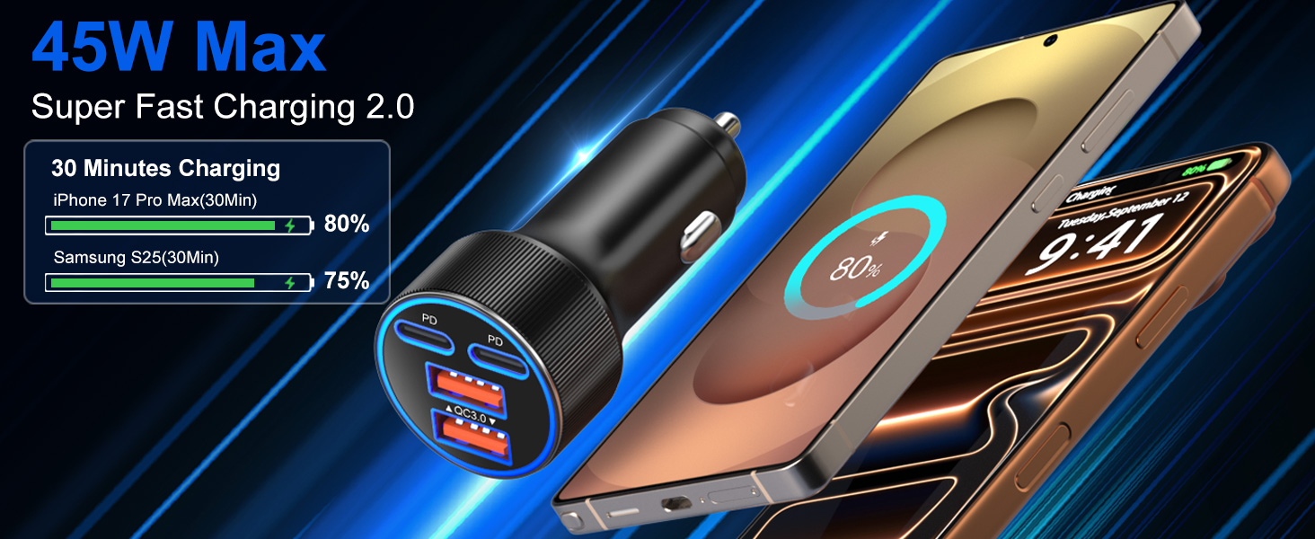 45w usb c super fast type c car charger for iPhone 17 Pro Max fast charging