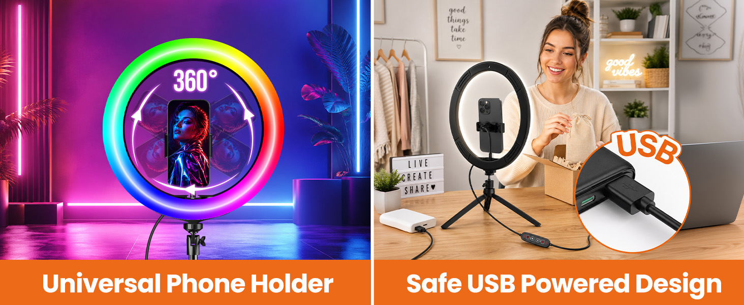 RGB ring light with rotating phone holder and USB power for tabletop streaming and video calls