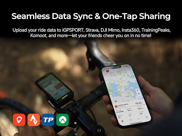 Smartphone displaying map app next to bicycle handlebar. Icons below show data sync and sharing capabilities for cycling apps.