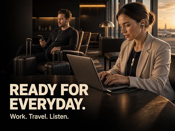 Woman working on a laptop and man travelling, both listening with wired earbuds