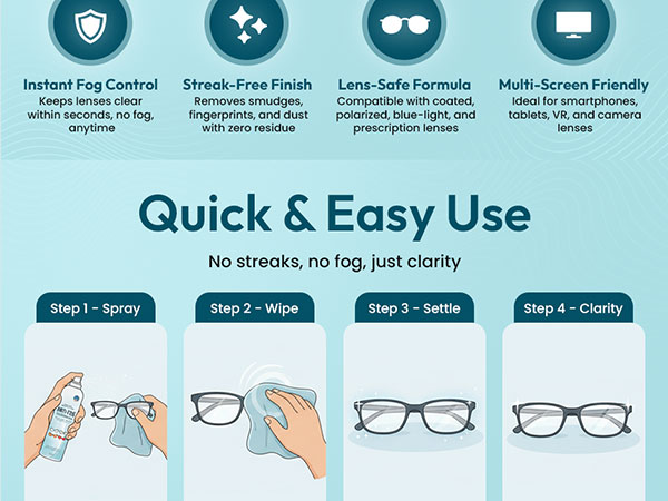 Quick 4-step use: spray, wipe, settle, clarity. Instant fog control, streak-free, lens-safe formula.