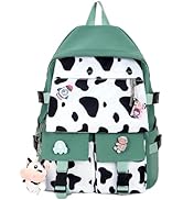 Unineovo Cow Print Backpack for Teen Girls, Kawaii Large Bookbag with Cute Pins and Plush Pendant...