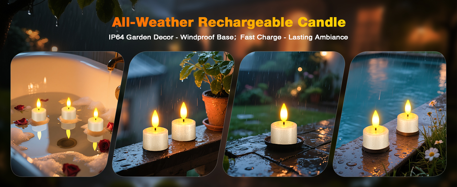 Text reads 'All-Weather Rechargeable Candle'. Multiple glowing LED candles displayed outdoors at night with potted plants in background.