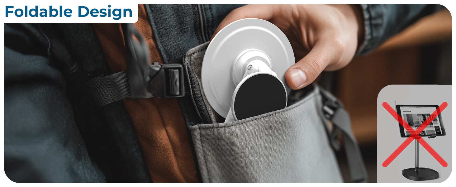 Foldable Mag Safe phone holder fits in pockets; compact phone holder desk and phone desk stand