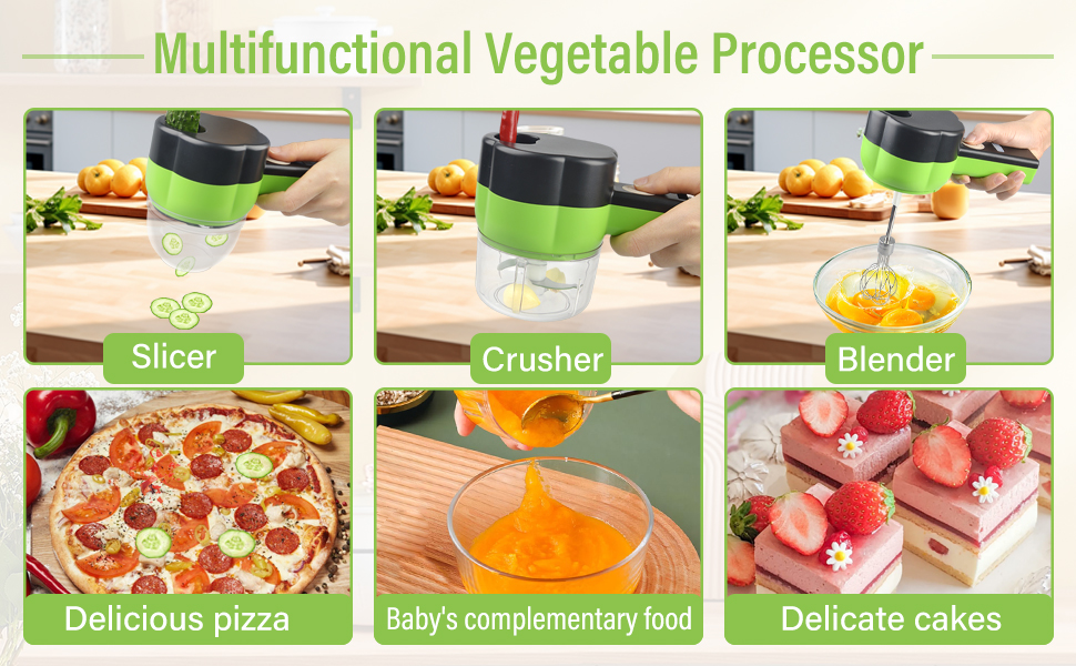 Multi-function food processor demonstration showing six panels of different uses: slicing, crushing, blending, with finished food examples.