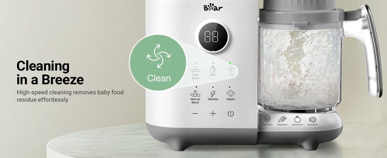 Text reads 'in a breeze' and 'Cleaning'. Product display of sleek white kitchen appliances including what appears to be a food processor or blender with digital controls and transparent components.