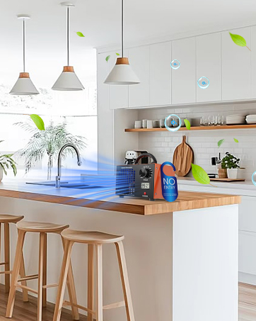 Modern kitchen interior with wooden bar stools, white countertop, pendant lights, and open shelving. Blue light effect shown over counter surface.