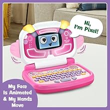 Toy laptop screen displays Pixel’s face. Hi, I’m Pixel! My face is animated &amp; my hands move.