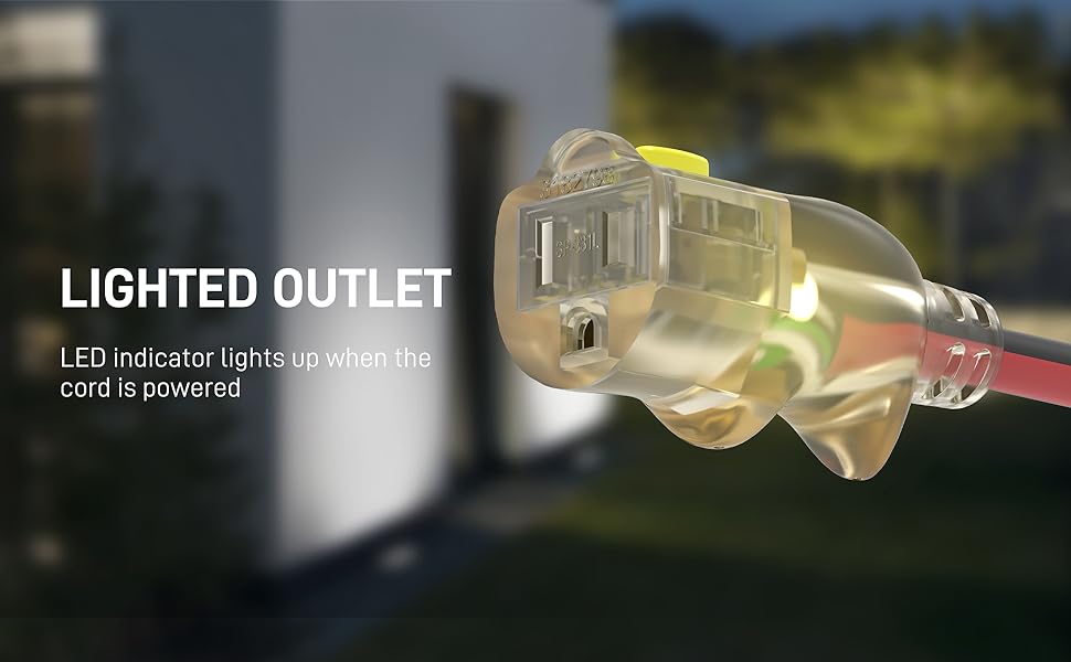 LIGHTED OUTLET LED indicator lights up when the cord is powered