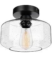 Industrial Semi-Flush Mount Ceiling Light, Seeded Glass Pendant Lamp Shade, Black Farmhouse Light...