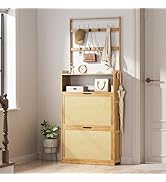 Dezyfurni Shoe Cabinet with 2 Rattan Flip Drawers,Bamboo Shoe Storage Cabinet with Coat Hooks, Fr...