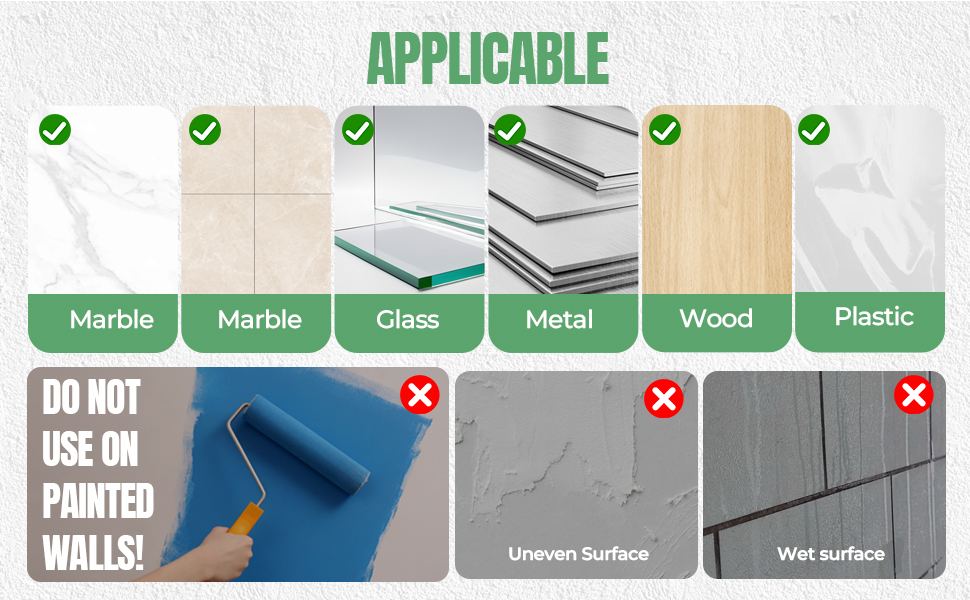 kawaasking Nano Tape Applicable Surfaces Marble Glass Metal Wood. DO NOT USE ON PAINTED WALLS.