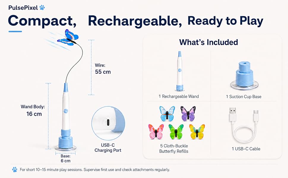 Product specifications and included items for PulsePixel rechargeable butterfly cat toy