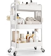 TOOLF 3 Tier Rolling Cart Storage Organizer, Metal Rolling Utility Cart with Wheels, Hooks &amp; Bins...