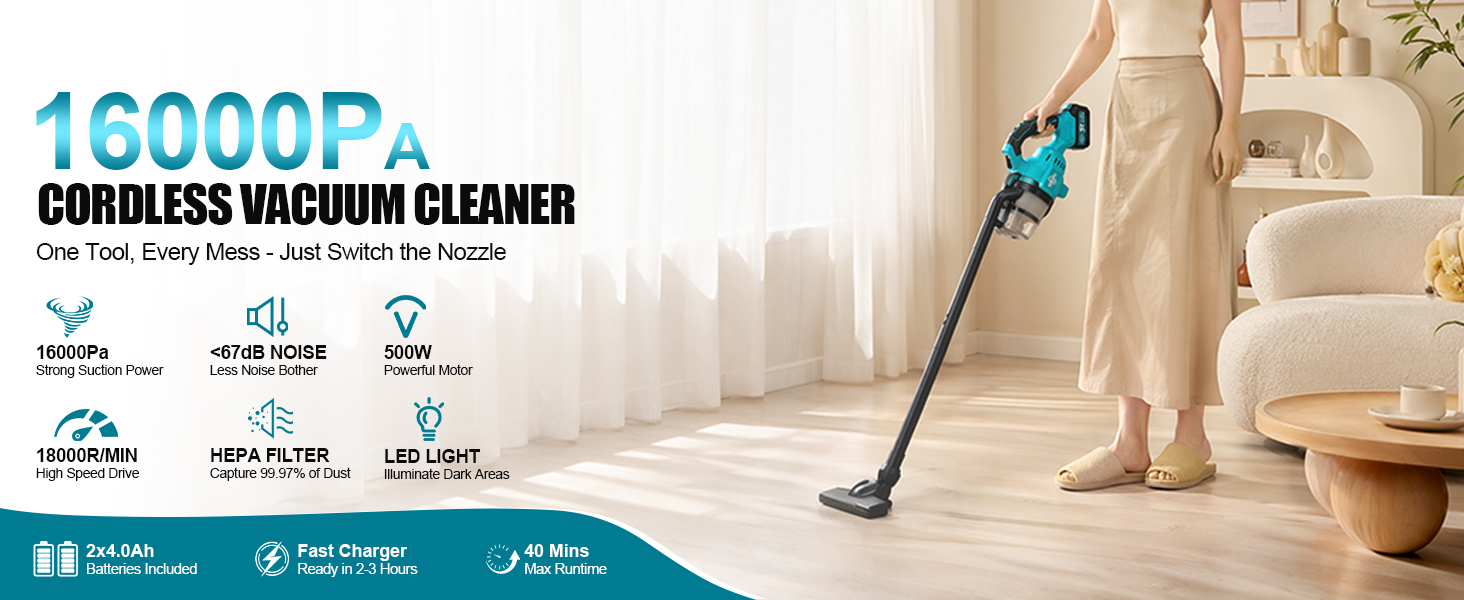 Cordless vacuum cleaner with 16000Pa suction